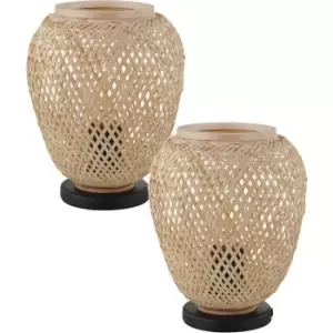 Image of 2 PACK Table Lamp Desk Light Black Base & Round Wicker Wood Shade 1x 40W E27