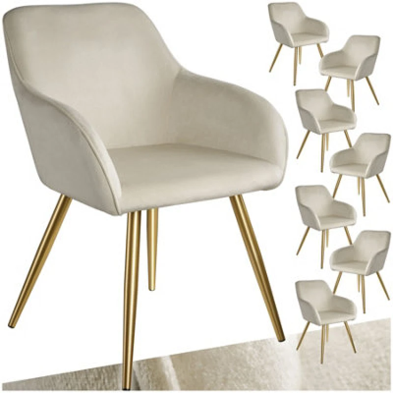 Image of Tectake Set Of 8 Chair Marilyn With Velvet Cover, Gold Steel Legs And Plush Padding - Cream/gold
