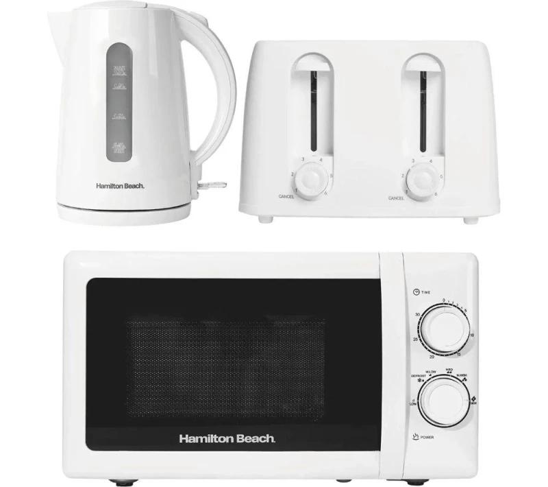 Image of HAMILTON BEACH Essentials Jug Kettle, 4-Slice Toaster & Solo Microwave Bundle - White 5060916373228