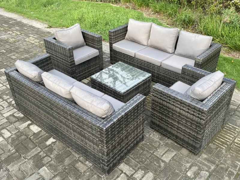 Image of Fimous Rattan Garden Furniture Set 8 Seater Patio Outdoor Lounge Sofa Set with 2 Armchairs Square Coffee Table Dark Grey Mixed Dark Grey