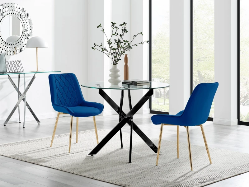 Image of FurnitureboxUK FurnitureboxUK Novara 100cm Round Black Leg Dining Table & 2 Pesaro Gold Leg Chairs in Navy Navy One Size Unisex 5056784304396