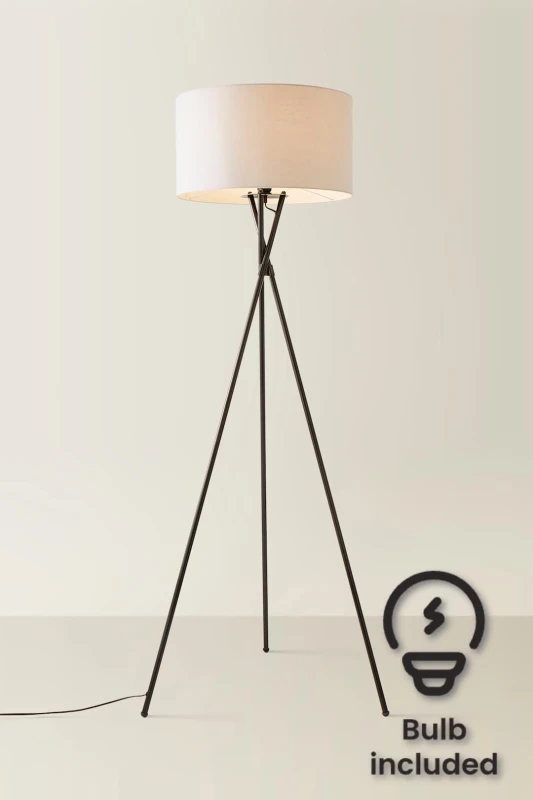 Image of ValueLights ValueLights Camden Black Metal Tripod Floor Lamp with Drum Lamp Shade and LED Bulb in Grey Grey One Size Unisex 5055759991234