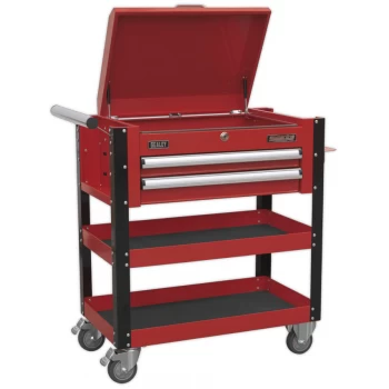Image of Heavy-duty Mobile Tool & Parts Trolley 2 Drawers & Lockable Top - Red