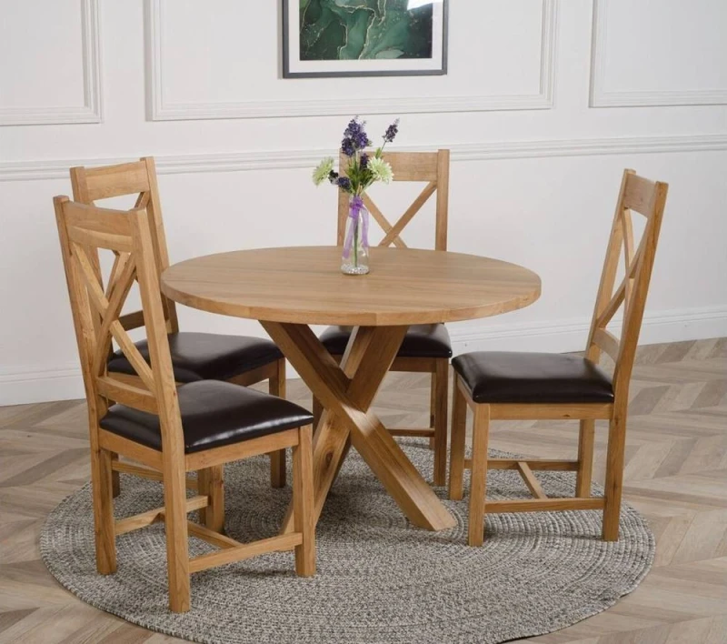 Image of Thats Furniture Oregon Round Oak Dining Table & 4 Berkeley Leather Chairs in Brown Brown Unisex