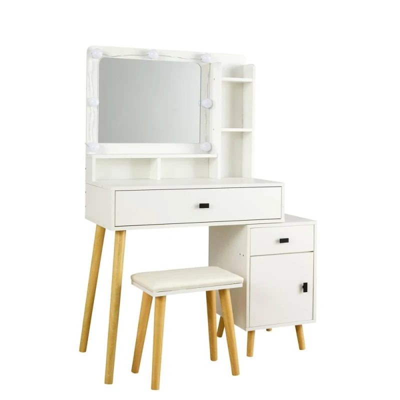Image of Home Source Dressing Table Vanity Makeup Desk Lighting Mirror Cushioned Stool in White White Unisex
