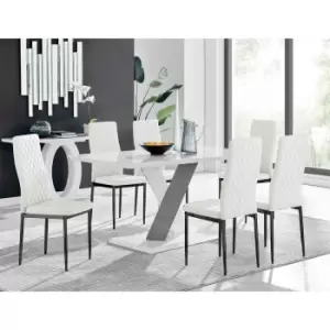 Image of Furniture Box Monza 6 White/Grey Dining Table and 6 White Milan Black Leg Chairs