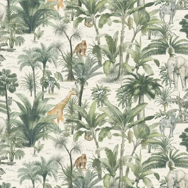 Image of MURIVA Muriva - Safari Wallpaper White Green Animal Jungle Trees Modern Natural WL-176501