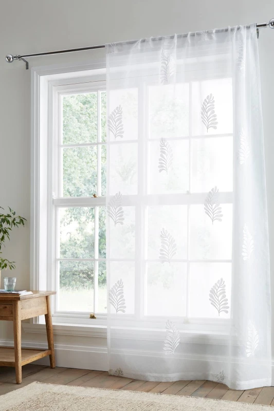 Image of Appletree Leaf Embroidery Slot Top Ready Made Single Voile Panel White