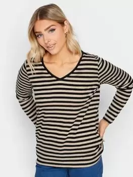 Image of M&Co Neutral Striped V Neck Cotton Slub, Black, Size 16, Women