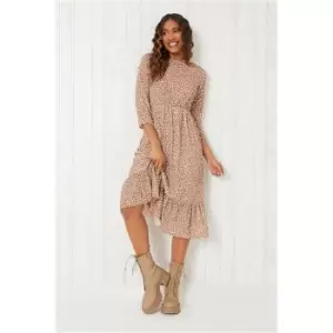 Image of I Saw It First Tan Woven Polka Dot Frill Hem Midi Dress - Brown