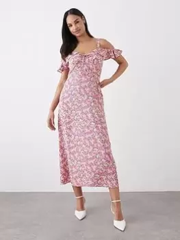Image of Dorothy Perkins Floral Pink Cold Shoulder Midi Dress - Pink, Size 18, Women