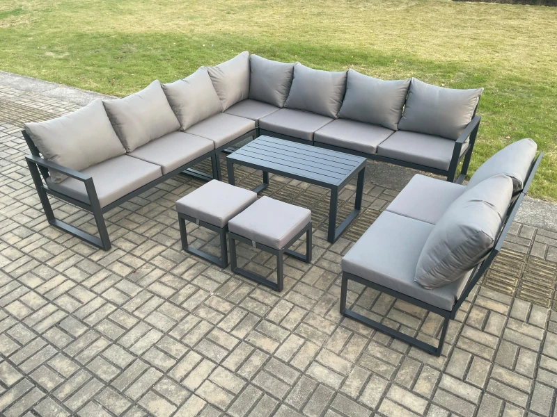 Image of Fimous Aluminium 11 Seater Patio Outdoor Garden Furniture Lounge Corner Sofa Set with Oblong Coffee Table with 2 Small Footstools Dark Grey Dark Grey