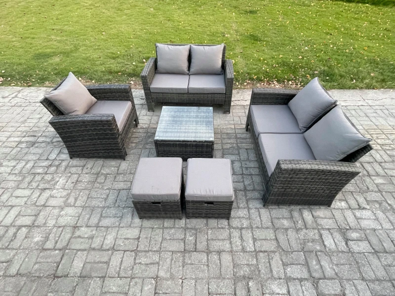 Image of Fimous 7 Seater Outdoor Rattan Garden Furniture Set Conservatory Patio Sofa Coffee Table Set with Chair 2 Small Footstools Dark Grey Mixed Dark Grey U