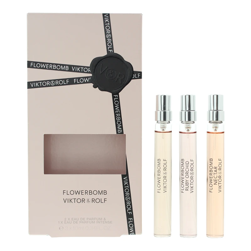 Image of Viktor & Rolf FlowerBomb Gift Set 10ml FlowerBomb Eau de Parfum + 10ml FlowerBomb Ruby Orchid Eau de Parfum + 10ml FlowerBomb Nectar EDP