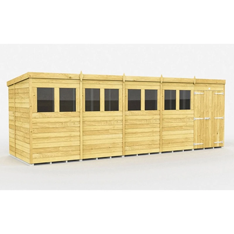 Image of Buttercup Farm 20 x 6 Feet Pent Shed - Double Door W/ Windows - L178 x W589 x H201cm in Brown Brown Unisex