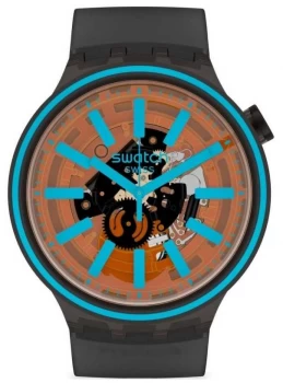 Image of Swatch FIRE TASTE Black Rubber Strap Orange/Blue Dial Watch
