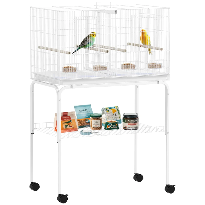 Image of PawHut PawHut Bird Cage with Divider, 4 Wooden Perches, Slide Out Tray - White / 76L x 46W x 116H cm