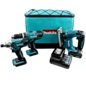 Image of Makita 18v DK18267 Kit Combi Hammer Drill, Impact Driver, Jigsaw + 2 Batteries