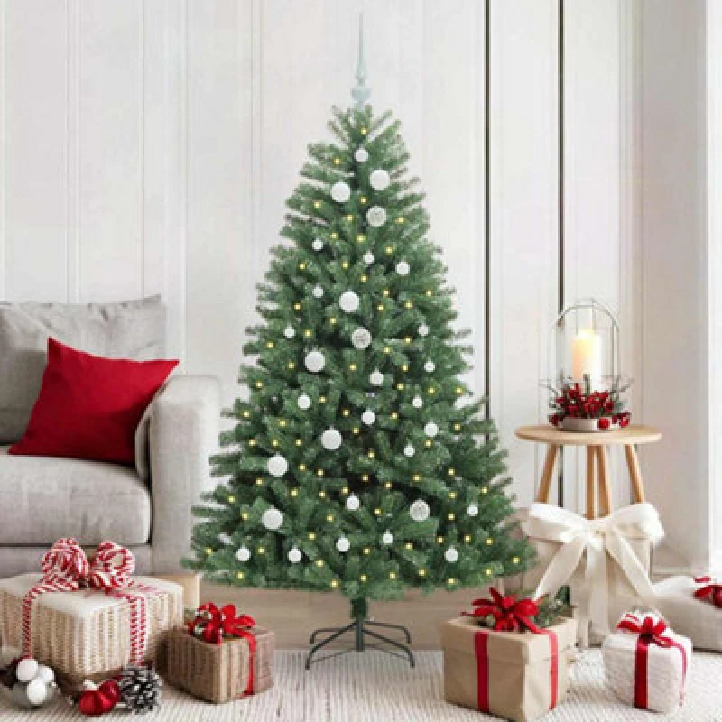 Image of vidaXL Artificial Hinged Christmas Tree with White Balls Green 150cm PVC and Metal, Green 3395481