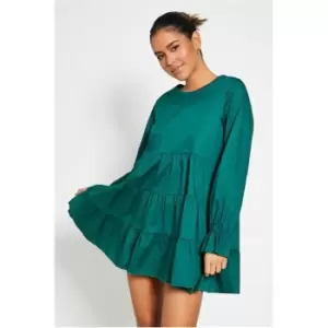Image of I Saw It First Cotton Poplin Tiered Long Sleeve Mini Dress - Green