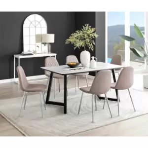 Image of Furniture Box Carson White Marble Effect Dining Table and 6 Cappuccino Corona Silver Chairs