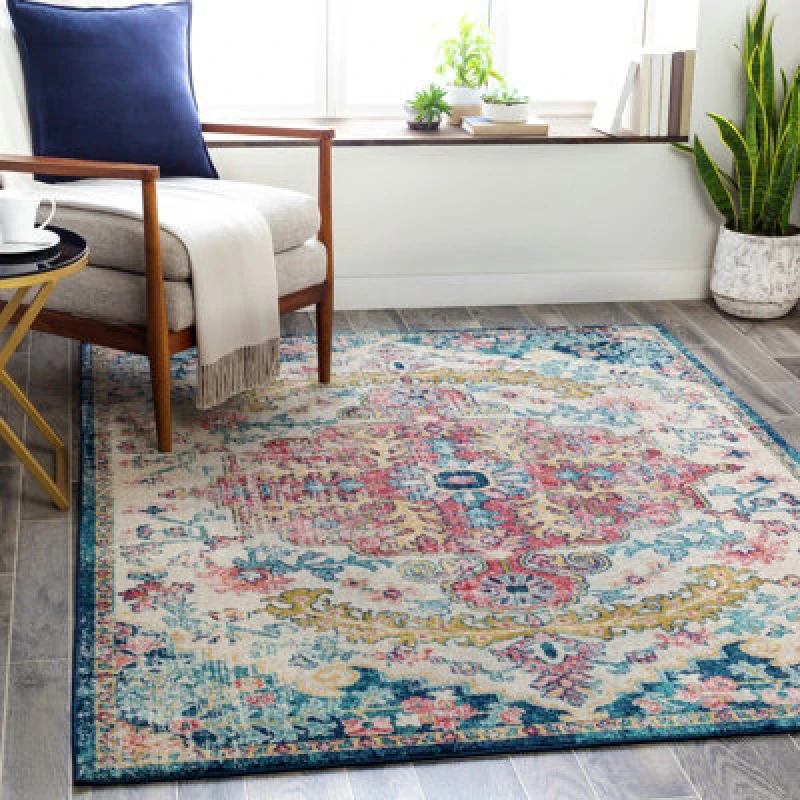 Image of Livabliss Vintage Oriental Boho Sky Blue/garnet Maverick Area Rug 160 X 220 Cm - Easy Care, Non Shedding, Ideal For Living Room & Bedroom