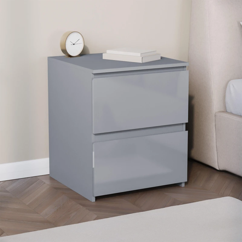 Image of Lassic Glinton High Gloss 2 Drawer Bedside Table Chest Grey unisex 2 Drawer