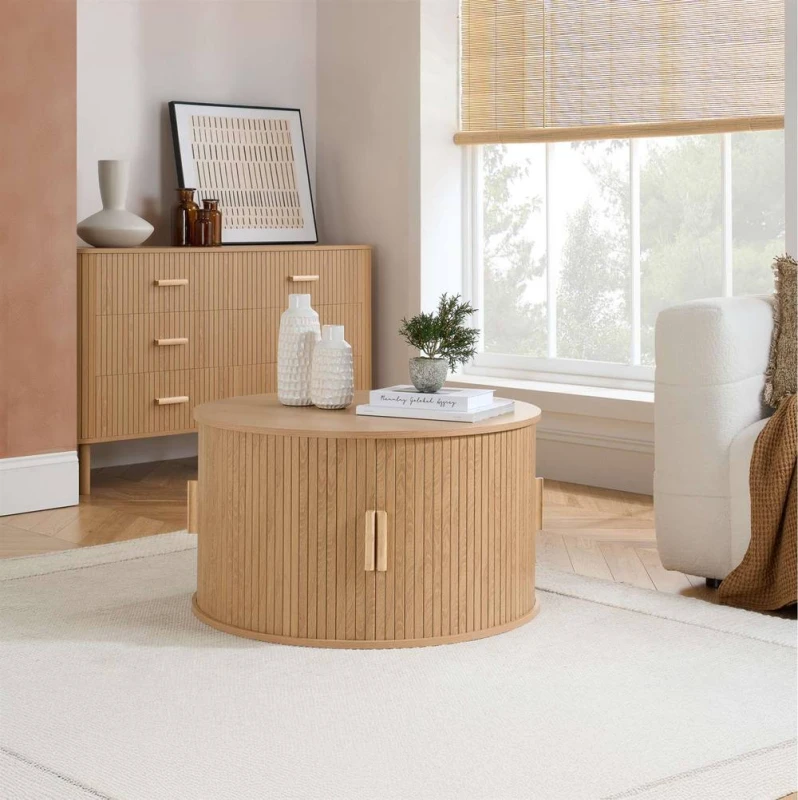 Image of Birlea Axel Round Fluted Coffee Table with Storage Oak in Light Oak Size: 1 Pack Light Oak Unisex 1 Pack