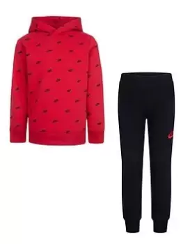 Image of Nike Kids Boys AOP Club Seasonal Overhead Hoody and Jogger Set, Dark Red, Size 4-5 Years