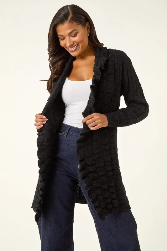 Image of Roman Longline Ruffle Detail Cardigan Black