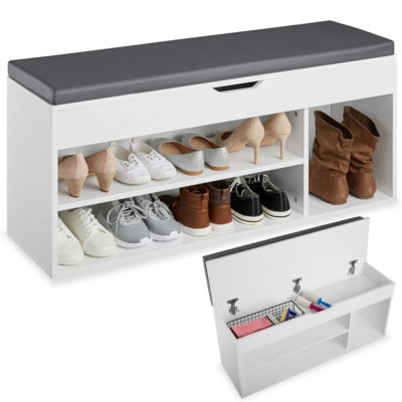 Image of Tectake Shoe Rack Natalya - 4 Storage Spaces, Bench Seat Cushion, For 9 Pairs Of Shoes - 104cm - White