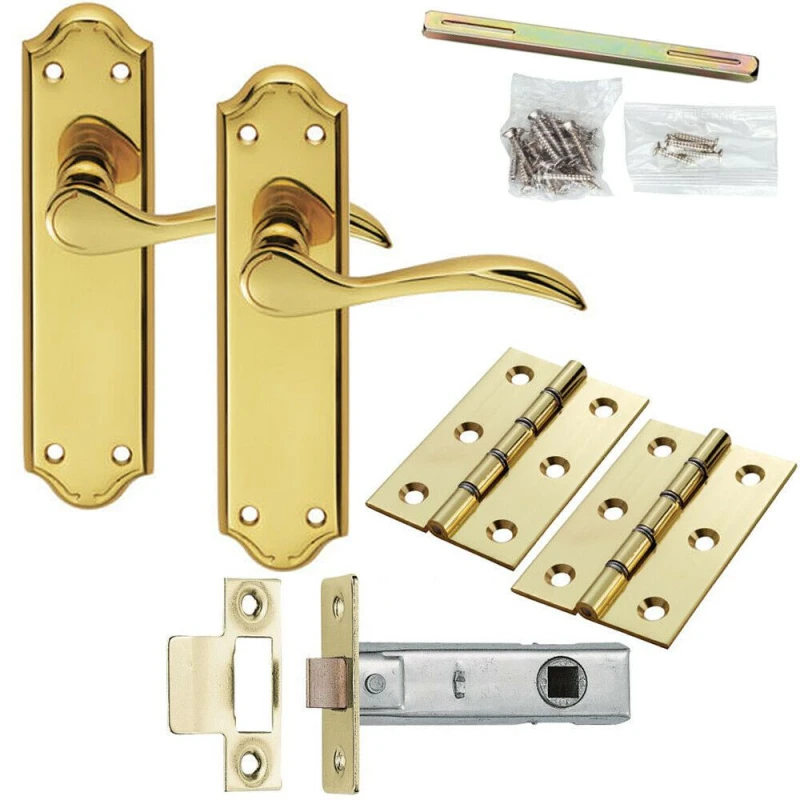Image of Loops Door Handle & Latch Pack Brass Modern Scroll Curved Lever Ornate Backplate Metallics