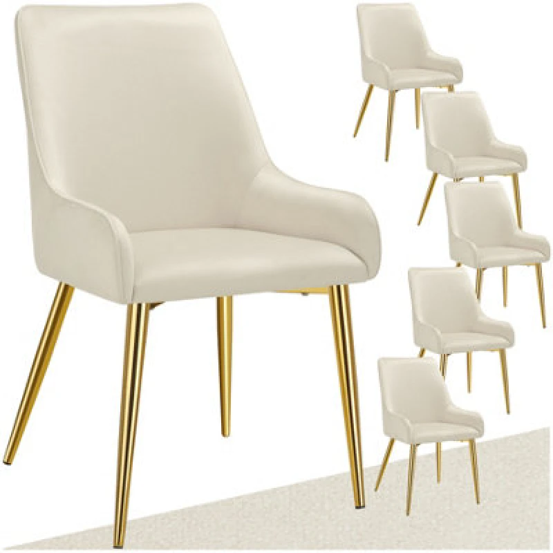 Image of Tectake Set Of 6 Dining Chair Avane - Velvet Look, Padded Armchair, High Backrest And Armrests - Beige