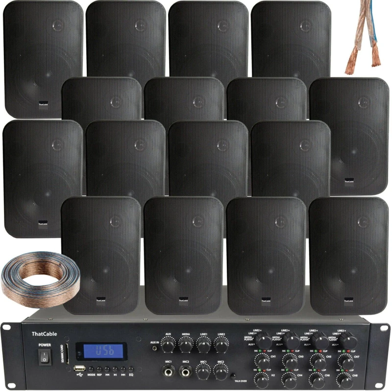 Image of Loops 1600W Bluetooth Sound System 16x 200W Black Wall Speaker 8 Zone Matrix Amplifier Black unisex