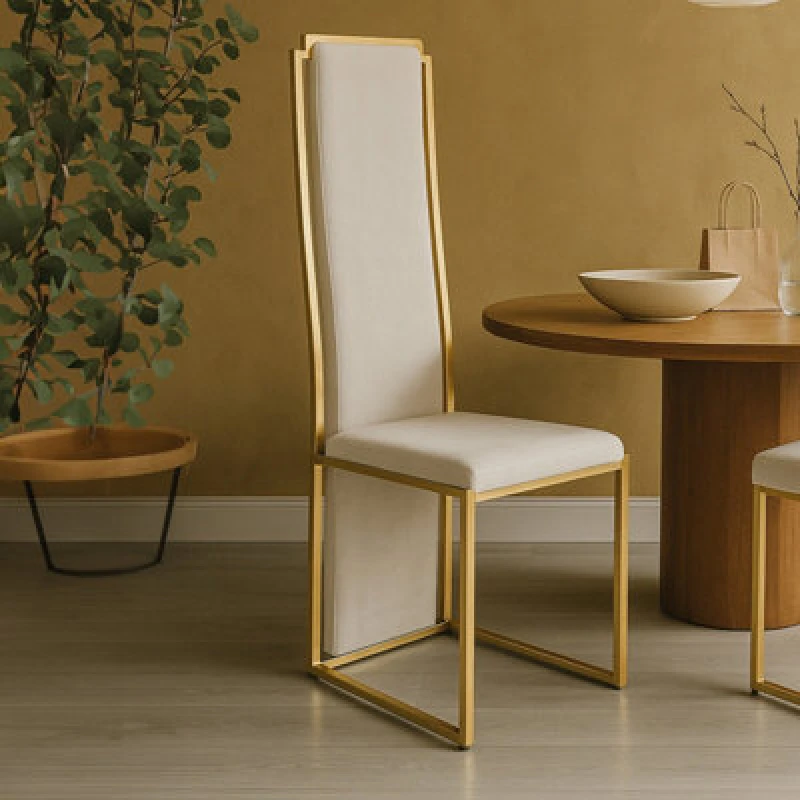 Image of Premier Housewares Luxurious Modern Dining Chair, Stainless Steel Gold Finished Frame Accent Chair. Natural Fabric Dining Chair White