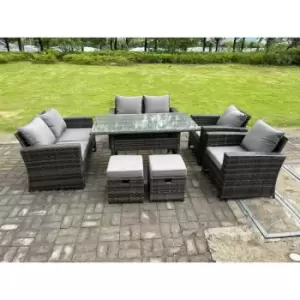 Image of Fimous 6 Seater Outdoor Dark Grey Rattan Lounge Complete Sofa Set with Dining Table and 2 Stools