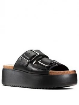 Image of Clarks Botanic Slide Leather Chunky Wedge Sandal - Black