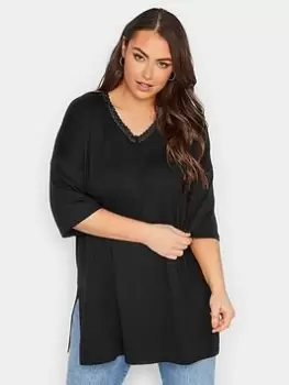 Image of Yours Lace Detail T-Shirt - Black, Size 30-32, Women