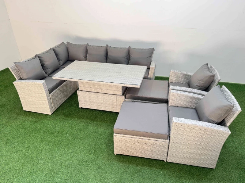 Image of Fimous 10 Seat Garden Furniture Corner Sofa with Armchair Light Grey Light Grey Unisex