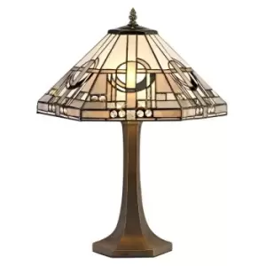 Image of Luminosa Lighting - 2 Light Octagonal Table Lamp E27 With 40cm Tiffany Shade, White, Grey, Black, Clear Crystal, Aged Antique Brass