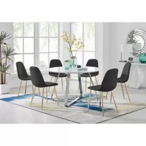 Image of Furniture Box Santorini White Round Dining Table and 6 Black Corona Gold Leg Chairs