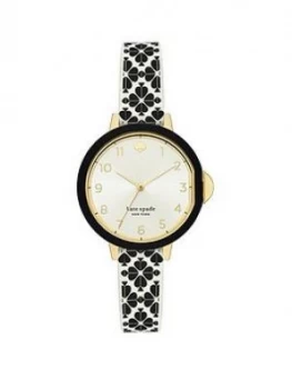 Image of Kate Spade New York Silver Sunray And Gold Detail Dial White And Black Spade Print Silicone Strap Ladies Watch
