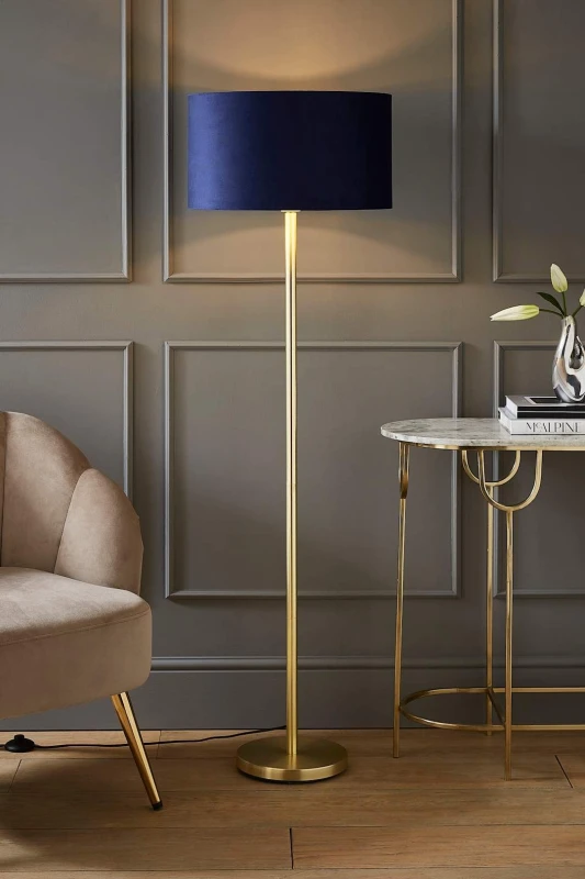 Image of ValueLights ValueLights Charlie Gold Stem Floor Lamp with Velvet Drum with Gold Inner Lamp Shade in Dark Navy Dark Navy One Size Unisex 5059406060533