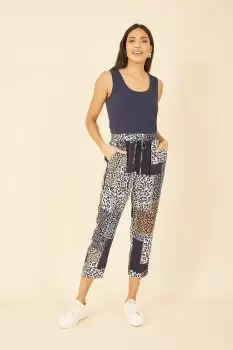 Image of Navy Patchwork Animal Print Cropped Trouser