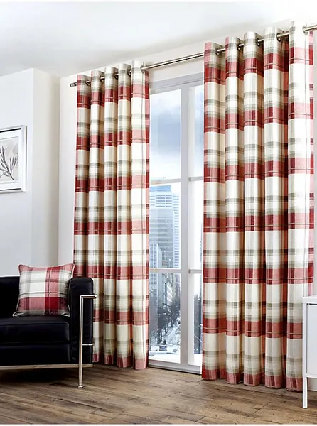 Image of Fusion Balmoral Check 100% Cotton Eyelet Lined Curtains, Ruby, 46 x 54" - Fusion BCKRB46546LZU