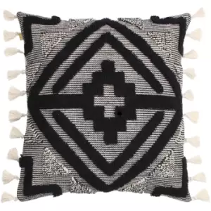 Image of Kalai Tufted Geometric Cotton Rich Tasselled Cushion Cover, Black, 45 x 45cm - Furn