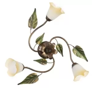 Image of Onli Miranda 3 Light Multi Arm Semi Flush Ceiling Lamp, Antique Gold, Glass Shades
