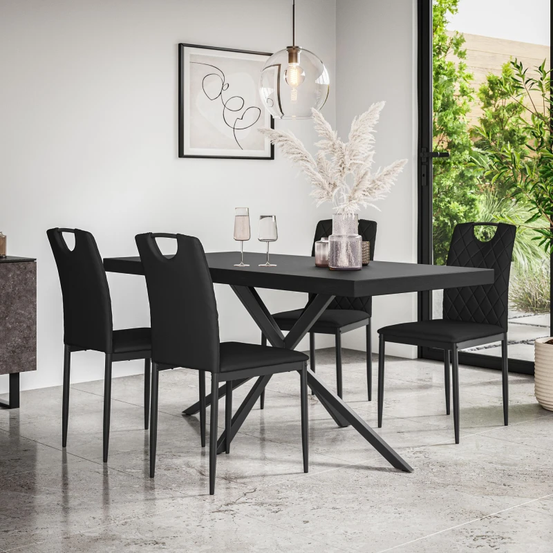 Image of More4Homes Donni Dining Table And Chairs - Black Table Top W Black Legs + Monza Faux Leather Dining Chair Set Of 6 (Black)