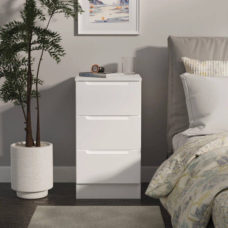 Image of Welcome Furniture Ready Assembled Milan 3 Drawer Bedside Cabinet In White Gloss & White MIL001WGW