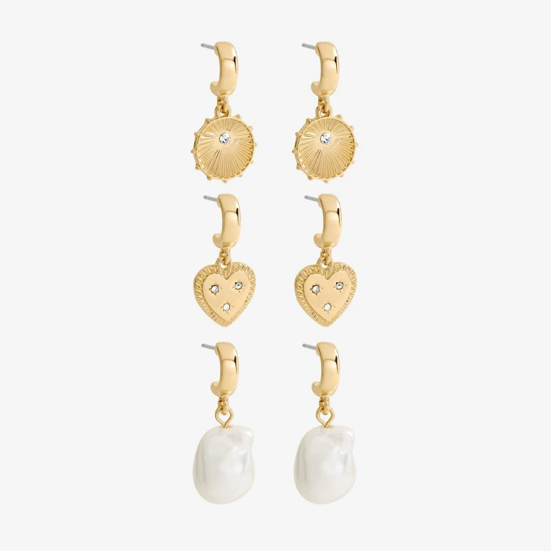 Image of Mood Gold Plated Charm Pearl Earrings - Pack of 3 Gold female One Size